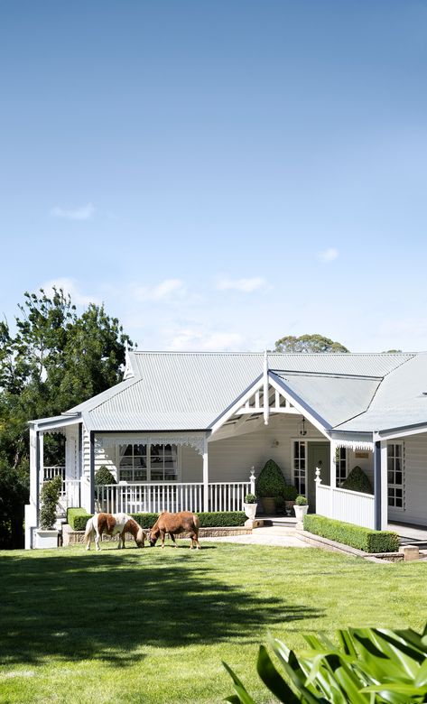 In front of this white weatherboard country home in the NSW Southern Highlands, two adorable ponies graze in the sun. Australian Country Houses, Country Home Exterior, Country Style Magazine, Country Colonial, Australian Country, Weatherboard House, Colonial Farmhouse, Homes To Love, Southern Highlands