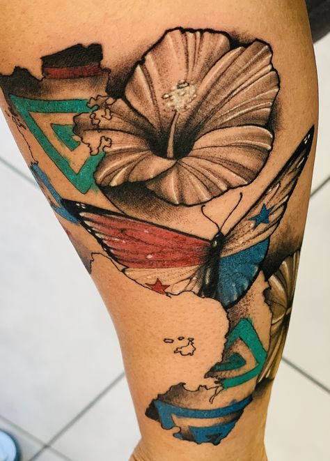 Map of Panama with mola patterns, hibiscus flowers and butterfly with flag. Puerto Rican Butterfly Tattoo, Chamorro Tattoos For Women, Filipino And American Flag Tattoo, Panama Tattoo Ideas, Panama Tattoo, Mola Tattoo Panama, Poland Tattoo, Shoulder Sleeve Tattoos, Half Sleeve Tattoos Forearm