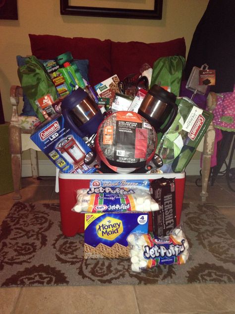 Dorm Survival Kit, Camping Gift Baskets, Silent Auction Basket, Auction Gift Basket Ideas, Fundraiser Baskets, Theme Baskets, Silent Auction Baskets, Auction Basket, Diy Graduation Gifts