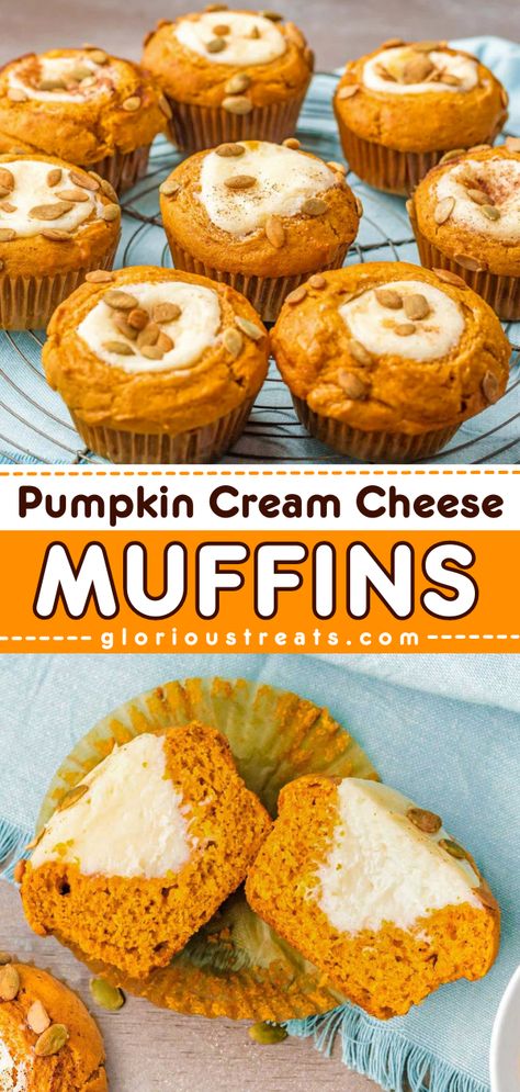 Here's an easy pumpkin muffin recipe to try! These Pumpkin Cream Cheese Muffins are perfectly moist pumpkin muffins filled with a creamy, luscious cream cheese filling and topped with pumpkin seeds. They make such great Fall treats! Weight Watchers Pumpkin Cream Cheese Muffins Recipes, Pumpkin Muffins With Cake Mix Cream Cheese, Recipes Using 1 Cup Of Pumpkin, Pumpkin Desserts Easy Simple, Pure Pumpkin Recipes Easy, Pumpkin Puree Desserts, Melty Mashups, Holloween Desserts, Recipes With Pumpkin Puree