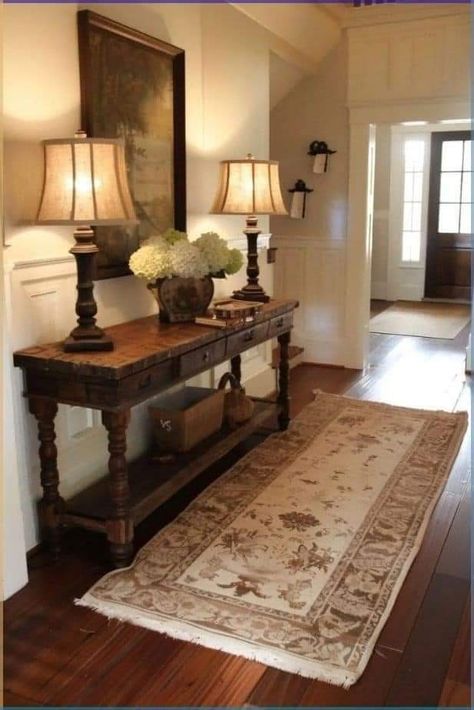 Antique Hallway Decor, Decorate Tall Walls, French Country Entryway, Foyer Organization, Entry Hall Ideas, Entryway Vintage, Tall Wall Decor, Tall Wall Art, Entryway Table Decor Ideas