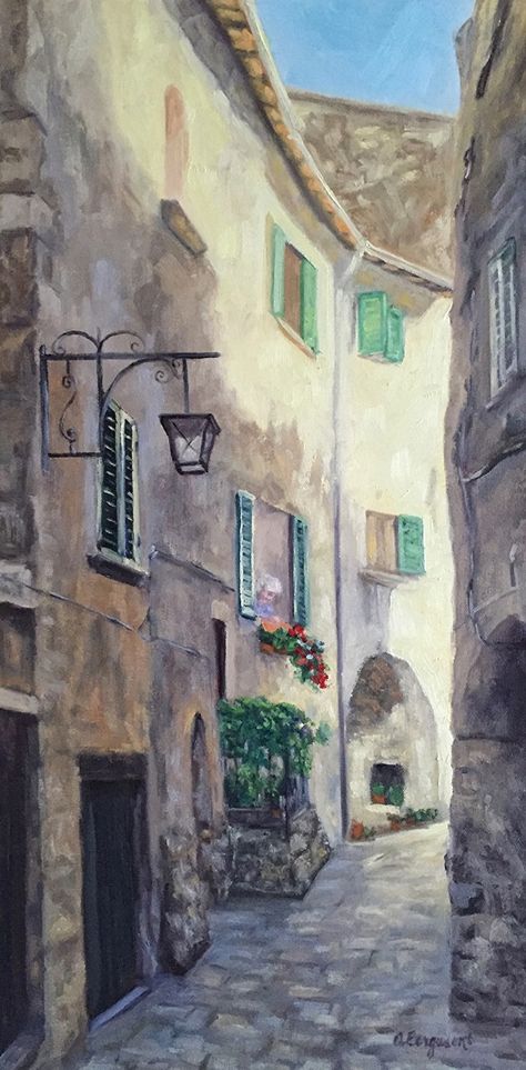 Narrow Lane in an Italian Village by Andree Ferguson, Oil, 24 x 12 x 11/2 Italian Village Painting, Watercolor Village, Italian Wallpaper, Village Painting, Watercolor House Painting, Mediterranean Art, Italy Street, Italian Aesthetic, Italian Street