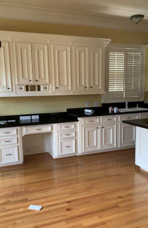 Kitchen Desk Into Pantry, Kitchen Desk Microwave, Office With Kitchen Cabinets, Kitchens With Desks, Kitchen Desk Space Repurpose, What To Do With Desk Area In Kitchen, Kitchen With Built In Desk, Replace Kitchen Desk Area, How To Update Built In Kitchen Desk