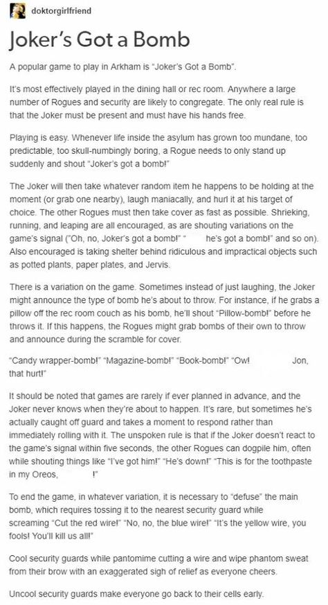 Jokers Got a bomb. Love this! Probably not super accurate because I bet half of the villains (or more) would be in isolation but pffft who cares about that part? Until one day when Joker has an actual bomb and the guards ignore it and that’s how half of the prisoners escaped from prison that day. Marvel And Dc Comics, Batman Meme, Batfamily Funny, Marvel And Dc, Batman Stuff, John Barrowman, I Am Batman, Martian Manhunter, Batman Funny