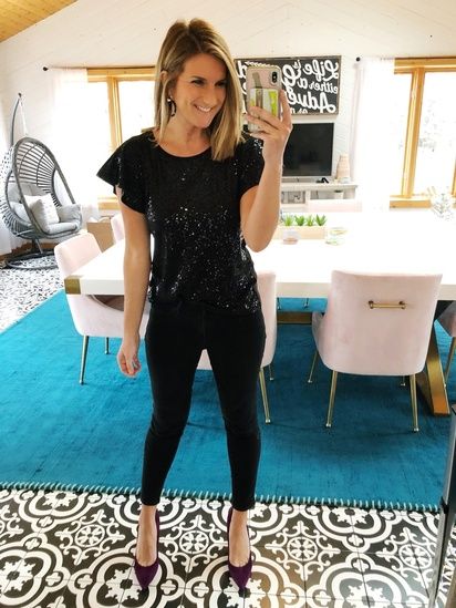 NYE Outfit // What to Wear to New Years Eve // Holiday Party Outfit // Holiday Office Party // How to Style a Sequin Top // Sequin Top with Black Skinny Jeans and Heels // Winter Fashion #shopthelook #nyeoutfit #newyearseve #nye #holidayoutfit #holidaypartyoutfit #holidayofficepartyoutfit #sequintop #winterfashion Black Sequin Shirt Outfit, Sequin Shirt Outfit, Holiday Party Outfit Casual, Office Holiday Party Outfit, Holiday Party Outfit Work, Sequins Top Outfit, Heels Winter, Trendy Party Outfits, How To Wear Heels