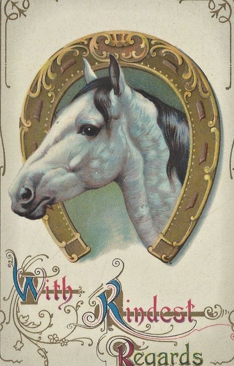 We love vintage horseshoe postcards. Circa 1900s. <3 Vintage Horseshoe Illustration, Vintage Horse Art, Vintage Postcard Design, Vintage Horse Illustration, Horseshoe Illustration, Vintage Lithographs, 500 Tattoo, Arte Cowboy, Vintage Tattoo Design