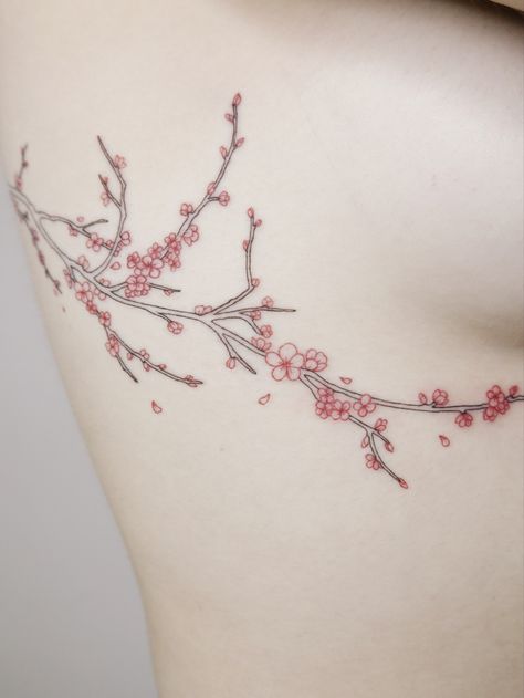 Cherry Blossom Line Tattoo, Cherry Blossom Underboob Tattoo, Cherry Blossom Tattoo Forearm, Cherry Blossom Tattoo Minimalist, Cheery Blossoms Tattoo, Cherry Blossom Spine Tattoo, Lgbt Tattoo, Sakura Tattoo, Small Dragon Tattoos