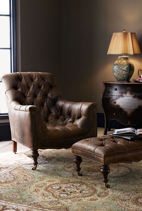 Old Hickory Tannery Tufted Leather Chair & Ottoman Tufted Leather Chair, Brown Couch, Tufted Leather, Chair Ottoman, Reading Chair, Vintage Living Room, Leather Furniture, A Chair, Leather Chair