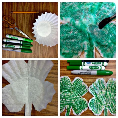 Coffee Filter Shamrock, March Ideas, Shamrock Craft, March Crafts, St Patricks Crafts, St Patricks Day Crafts For Kids, March Activities, Coffee Filter Crafts, Senior Activities