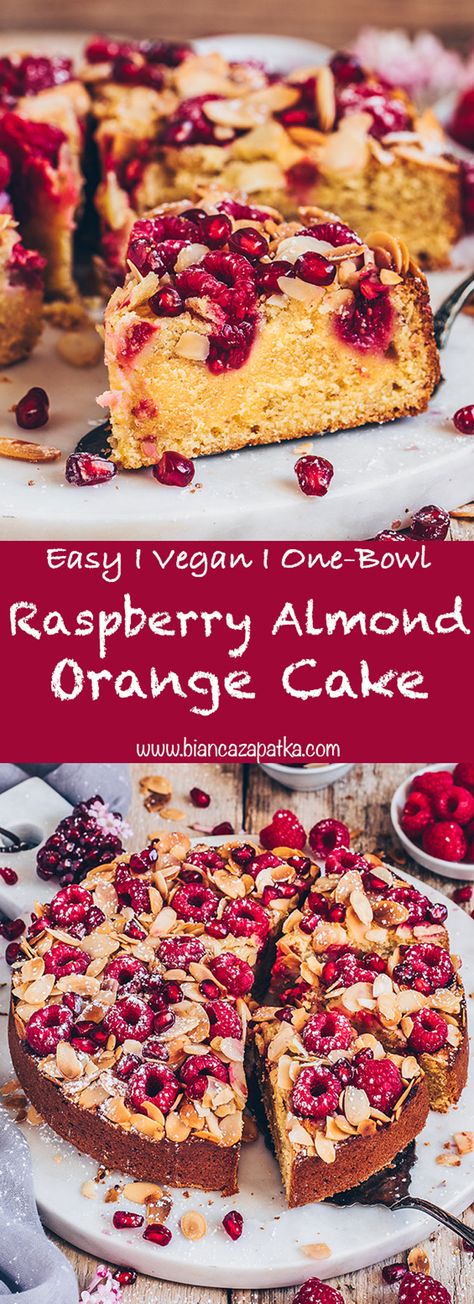 This Raspberry Almond Orange Cake is easy to make in one bowl and takes just a few minutes to put together. It’s incredibly delicious, nutty, moist, juicy with a crunchy almond topping.   #vegan #veganbaking #vegancake #vegancakerecipes #almondcake #almondcakerecipes #veganrecipes #orangecake #orange #raspberry #raspberries #fruit #baking #delicious Orange Cake Vegan, Vegan Almond Cake, Vegan Raspberry Dessert, Vegan Raspberry Cake, Vegan Orange And Almond Cake, Vegan Orange Cake, Vegan Fruit Cake, Vegan Coconut Raspberry Cake, Vegan Christmas Desserts