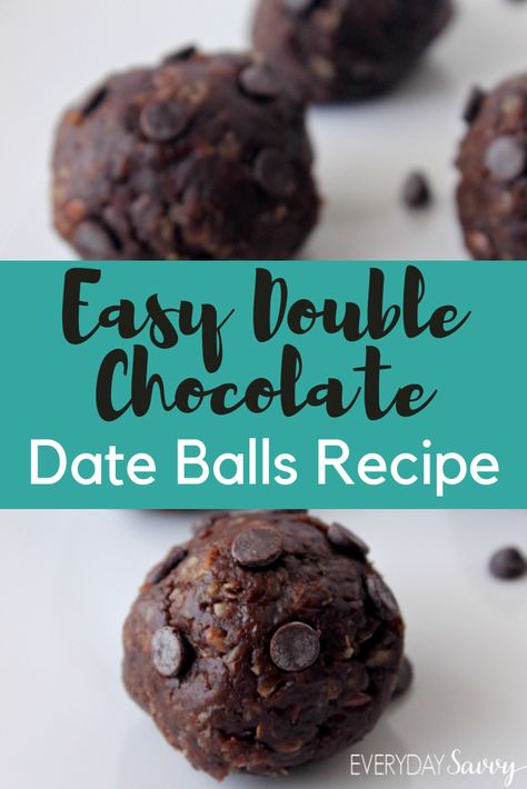 Easy No Bake Chocolate Date Balls Recipe. These Double Chocolate Energy Balls make a great snack filled with wholesome ingredients. Made with cacao powder and coconut milk.  via @everydaysavvy Chocolate Date Energy Balls, Chocolate Date Recipes, Chocolate Dates Recipe, Lactation Balls, Date Balls Recipe, Lactation Foods, Chocolate Energy Balls, Energy Balls Recipe, Date Balls