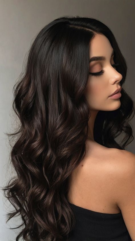 🎭 Timeless Cherry Cola Hair Fall hair colors dark Inspiration 👑🌟 Dark Brown Hair One Color, Dark Brown Warm Hair, Hair Inspo Color Dark, Dark Brown Winter Hair, Espresso Highlights On Dark Hair, Dark Chocolate Red Hair, Dark Hair Inspiration, Dark Hair With Dimension, Rich Dark Chocolate Brown Hair