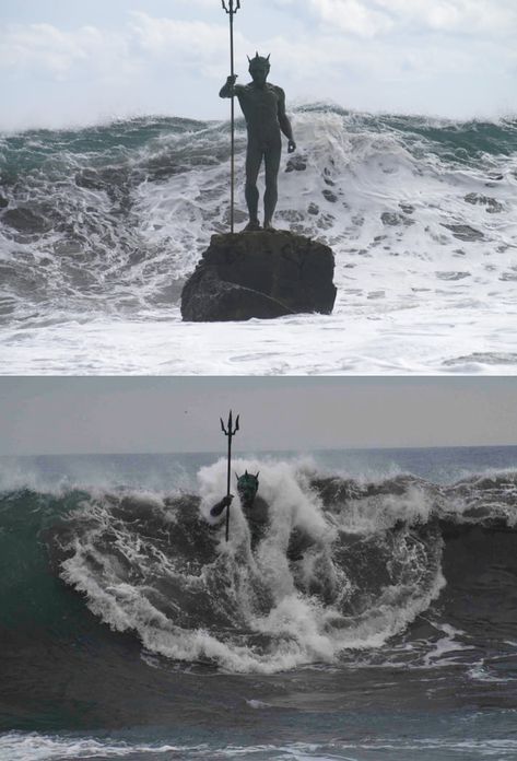 Statue of Neptune (Poseidon), Melenara Beach, Gran Canaria - 9GAG Ocean Academia, Neptune Statue, Poseidon Statue, Barrel Art, Greek Aesthetic, Greek God, Sea Waves, Year 2, Canary Islands