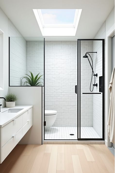 Bright bathroom with skylights, walk-in shower, and wooden flooring Clerestory Windows Bathroom, Modern Bathroom Colors, Skylight In Bathroom, Shower Oasis, Modern Bathroom Colours, Shower Skylight, Skylight Bathroom, Windows Bathroom, Bathroom Inspiration Modern