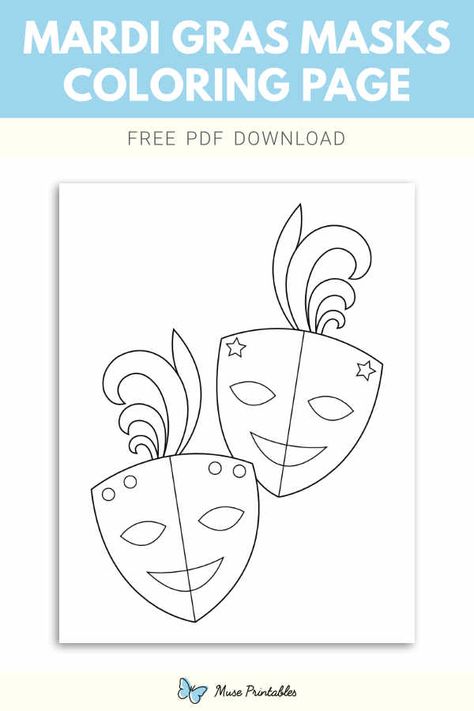 Free printable Mardi Gras masks coloring page. Download it at https://museprintables.com/download/coloring-page/mardi-gras-masks/ Mardi Gras Coloring Pages Free Printable, Mardi Gras Mask Templates, Masquerade Coloring Pages, Free Printable Mardi Gras Mask Template, Mardi Gras Clip Art Free, Mardi Gras Mask, Mardi Gras Party, Stitch Markers, Mardi Gras