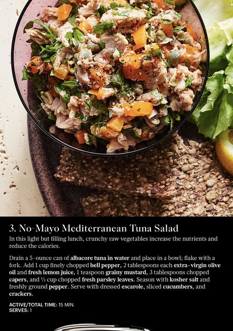 No mayo Mediterranean tuna salad. Martha Stewart No Mayo Tuna Salad, No Mayo Tuna, Mediterranean Tuna, Mediterranean Tuna Salad, Grainy Mustard, Albacore Tuna, Filling Lunch, Savory Food, Raw Vegetables