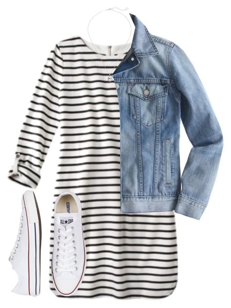 "casual dress" by tabooty ❤ liked on Polyvore featuring Kendra Scott, J.Crew and Converse Jean Dress Outfits, Mode Ab 50, Vetements Shoes, Jean Jacket Outfits, Striped T Shirt Dress, Stripe Outfits, Hipster Outfits, Rainy Day Outfit, Inspiration Mode