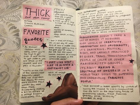 Here is a book summary, including, the title of book, author’s name, and favorite quotes from the work, THICK, by Tressie McMillian Cotton, in my smash book or bullet journal. Book Summary Journal, Art Education Projects, Smash Book Pages, Paper Bag Album, S Name, Book Author, Favorite Book Quotes, Book Summaries, Reading Journal