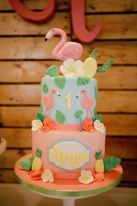 Flamingo Cake from a Tropical Flamingo Birthday Party on Kara's Party Ideas | KarasPartyIdeas.com (9) Tropical 1st Birthday Cake, Flamingo Theme Cake 1st Birthdays, 1st Birthday Flamingo Theme, Flamingo Cake Birthday, Flamingo Cake Ideas, Tropical Flamingo Cake, Tropical Flamingo Birthday Party, Hawaiian Birthday Cakes, Tropical Cakes