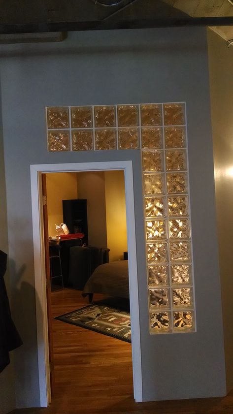 Glass block wall. Want in condo to finish partial walls to ceiling Wall With Glass Blocks, Glass Bricks Internal Wall, Glass Bricks Ideas Modern, Glass Block Interior Wall, Glass Block Wall Ideas Interior Design, Glassblock Interior, Glass Block Wall Ideas, Stud Wall Ideas, Glass Blocks Wall Bathroom