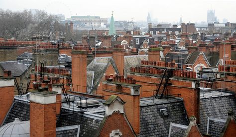 Red brick and slate rooftops of London Chimney Architecture, London Rooftop, Roof Building, London Rooftops, Compton Street, Chimney Pots, Burlington Arcade, Fiddler On The Roof, Victoria London