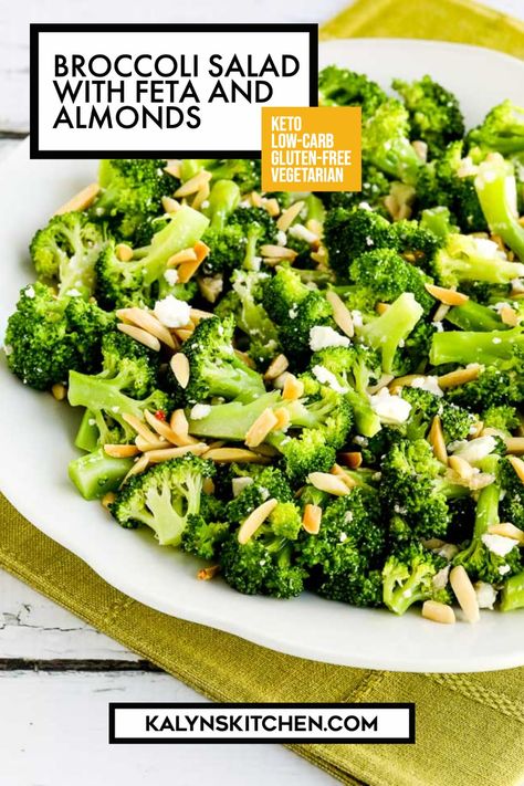 Pinterest Image for Broccoli Salad with Feta and Almonds on serving plate on a green napkin. Recipe Broccoli, Winter Salad Recipes, Feta Cheese Salad, Salad With Feta, Gluten Free Sides Dishes, Low Carb Salad, Fine Cooking, Baked Chicken Parmesan, Fun Salads