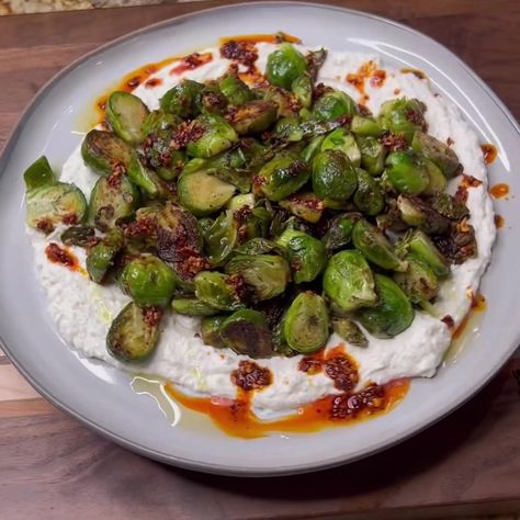 Cheese And Pepper Jelly, Crispy Brussels Sprouts, Crispy Brussel Sprouts, Whipped Goat Cheese, Food At Home, Whipped Feta, Pepper Jelly, Brussels Sprouts Recipe, Chili Oil