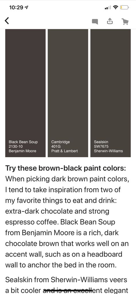 Charcoal Brown Paint Color, Black Brown Paint Color, Dark Brown Paint Colors, Mocha Paint Colors, Black Brown Paint, Brown Bathroom Paint, Brown Interior Paint, Crete House, Brown Grey Paint