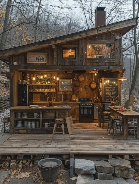 Off Grid Life Off Grid Cabin Kitchen, Off Grid Log Cabin, Off The Grid Aesthetic, Off Grid Outdoor Kitchen, Off Grid Living Aesthetic, Off Grid Kitchen, Off The Grid Living, Living In The Woods, Primitive Cabin