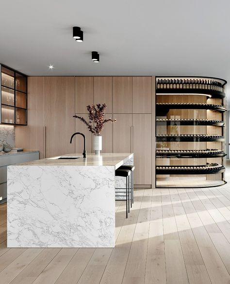 Chats • Instagram Tall Glass Cabinets Kitchen, Curved Wine Cellar, Home Wine Room, Wine Cabinet Design, Modern Wine Cellar, Lux Kitchen, Reno Tips, Loft Style Interior, Tall Kitchen Cabinets