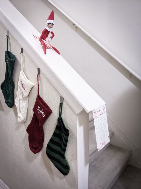 Elf On The Shelf Stairs, Elf Sledding, Elf On The Shelf Sledding, Candy Cane Sled, Stair Wall, Elf Ideas, Shelf Ideas, On The Shelf, The Elf