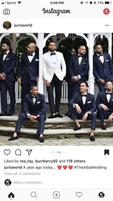 Blue Wedding Tuxedo Groom, Navy Tux Wedding Groom & Groomsmen Suits, Blue Wedding Theme Black People, Black Men Wedding Attire, Groomsmen Color Schemes, Wedding Color Schemes Black People, Registry Outfit, Navy Tuxedo Wedding, Groomsmen Photoshoot