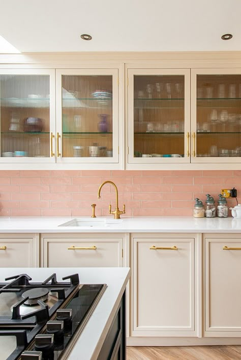 See more photos and design details for this project on our website Kitchen Herringbone, Herringbone Kitchen, Kitchen Banquette, Sage Green Bedroom, Shaker Style Kitchens, Bespoke Kitchen, Pink Tiles, Kitchen Extension, Pink Kitchen