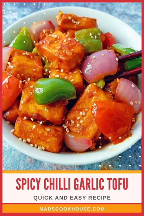 Tofu pieces coated in a lip-smacking sauce. Chilli Garlic Tofu is a quick and delicious fusion vegan recipe that will have you reaching out for more. #Vegan #Vegetarian #Appetizers Dinner Recipes Vegan, Garlic Tofu, Green Chilli Sauce, Spicy Chilli, Sandwhich Recipes, Marinated Tofu, Tofu Recipe, Chilli Recipes, Vegetarian Appetizers