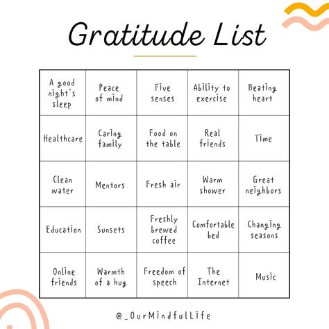 What would you add to the list? • • • •... - Our Mindful Life | Facebook Gratitude Bingo, Food For Sleep, Our Mindful Life, Gratitude List, Gratitude Quotes, Gratitude Journal, Bingo, The List, Gratitude