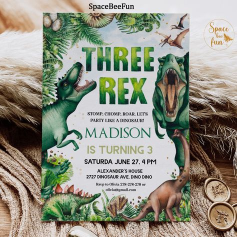 Create your own Invitation | Zazzle 3 Rex Party Invitations, Three Rex Party Invitation, 3 Rex Invitation, 3 Rex Birthday Invitation, Three Rex Birthday Party Boy Invitation, Dino Theme 3rd Birthday, 3 Rex Birthday Party Boy Cake, Jurassic Park 3rd Birthday Party, Three Rex Birthday Party Boy Decorations