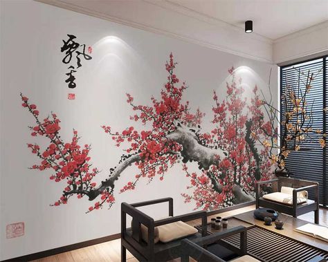 Magnolia flower new Chinese style wall professional production mural wholesale wallpaper mural poster photo wall|Fabric & Textile Wallcoverings| - AliExpress Wholesale Wallpaper, Plum Living Rooms, Plum Living Room, Chinese Style Living Room, Plum Living, Chinese Tree, Chinese Theme, Wall Fabric, Japanese Tree