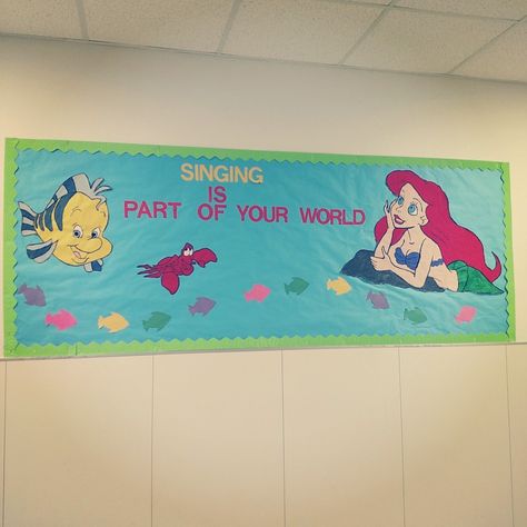 "Singing is Part of Your World" Disney inspired Bulletin Board for Music Class. Music Classroom Bulletin Boards Cute Ideas, Disney Music Bulletin Boards, Elementary Music Bulletin Board Ideas, Disney Library Bulletin Boards, Twos Classroom, Music Advocacy Bulletin Boards, Music Bulletin Board, Music Bulletin Boards, Part Of Your World