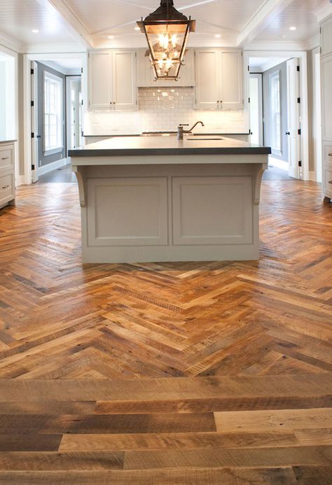 Herringbone Wood Floor - like herringbone in kitchen, straight in other room Kitchen Cabinets Light Wood, Dark Kitchen Floors, Light Grey Kitchen Cabinets, Diy Wood Floors, Light Wood Kitchens, Grey Kitchen Floor, Light Grey Kitchens, Light Gray Cabinets, Herringbone Wood Floor