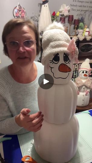 Making a girl snowman using Dollar Tree stackable pumpkins 🥰🥰 | By The Crafty Decorator | Facebook Stackable Pumpkins, Crafty Decorator, Girl Snowman, Pumpkin Snowmen, Snowman Crafts Diy, Dollar Tree Christmas, Stacked Pumpkins, Snowman Crafts, Three Tier