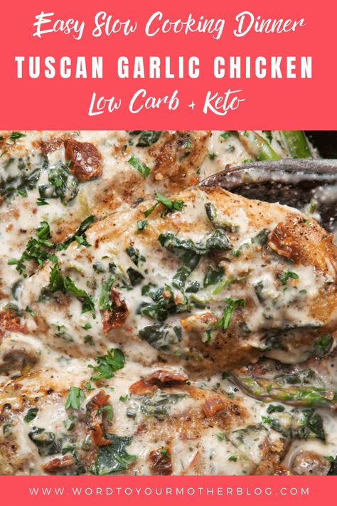 This easy keto crockpot chicken recipe makes the perfect low carb family dinner! Creamy Tuscan Garlic chicken with spinach is a healthy, family favorite with only 15 minutes of prep time! Garlic Chicken Crockpot, Creamy Tuscan Garlic Chicken, Tuscan Garlic Chicken, Keto Crockpot, Keto Crockpot Recipes, Chicken Crockpot, Low Carb Chicken Recipes, Crockpot Recipe, Keto Recipes Dinner