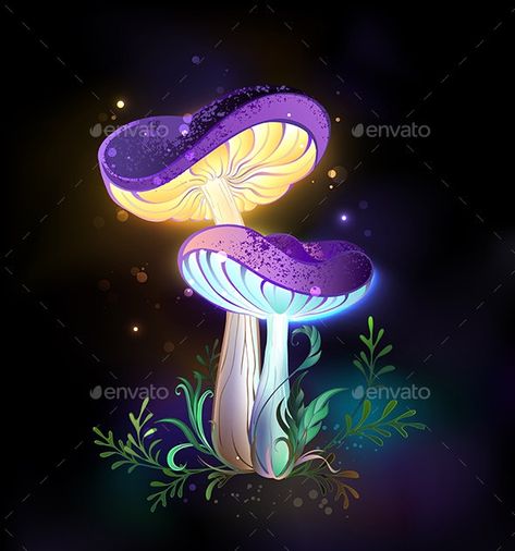 Purple Mushroom Art, Glowing Mushrooms Art, Mushroom Oc, Funky Plants, Fantasy Flora, Mushroom Person, Color Theory Projects, Abstract Mushroom, Flying Turtle