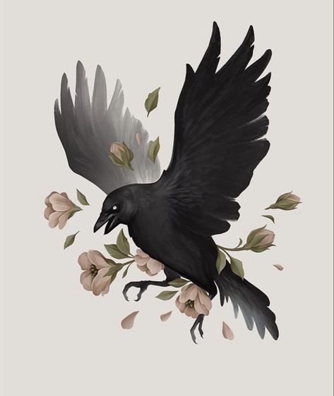 Crow Art, Raven Art, Black Bird, Flowers, Pink, White, Black, Art