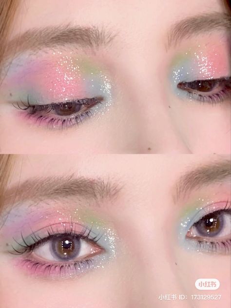 Cotton Candy Eye Makeup, Pastel Douyin Makeup, Soft Pastel Eye Makeup, Pastel Fairy Makeup, Fairy Kei Makeup, Pastel Makeup Looks, Fairy Eye Makeup, Kawaii Makeup Aesthetic, Pastel Makeup