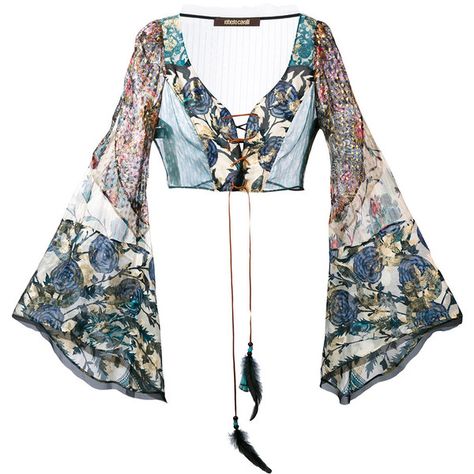 Roberto Cavalli floral lace front flared sleeve crop top found on Polyvore featuring tops, blue, lace crop top, blue crop top, beaded crop tops, sheer crop top and long-sleeve crop tops Teen Fall Outfits, Blue Lace Top, Bell Sleeve Crop Top, Laced Up Shirt, Estilo Hippie, Sheer Lace Top, Elegante Casual, White Lace Top, Blue Crop Tops