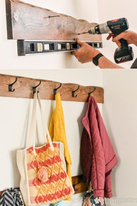 Back Door Coat Hooks, Homemade Coat Rack Diy Projects, Diy Bookbag Holder, Mud Room Coat Hook Ideas, Long Coat Rack, Simple Coat Rack Wall, Homemade Coat Rack, Coat Rack Wall Ideas, Diy Coat Hooks Entryway