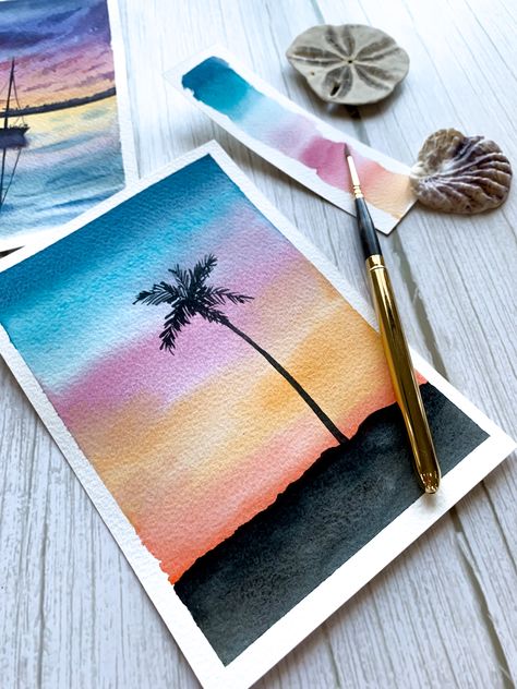 Water Colour Sunset Painting, 55 Very Easy Watercolor Painting Ideas For Beginners, Water Colours Painting Landscape, Easy Things To Watercolor, Watercolor Sunset Easy, Sunset Watercolor Painting Easy, Water Coloring Painting Ideas, Sunrise Watercolor Painting, Watercolor Paintings Landscape