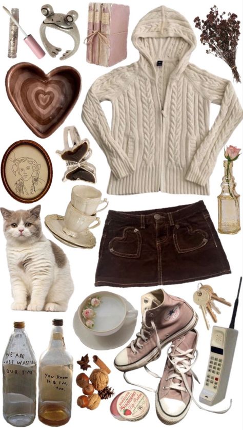 Brown Outfit Layout, Brown Cottagecore Outfit, Fall 2000s Fashion, Cat Inspired Outfits, 2000s Fashion Outfits Winter, 2000s Fall Fashion, Brown Aesthetic Outfits, Brown Clothes Aesthetic, 2000s Fashion Fall