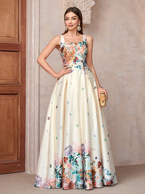 Women Floral Print Sleeveless Maxi Elegant Gorgeous Bridesmaid Dress With Square NecklineI discovered amazing products on SHEIN.com, come check them out! Floral Print Gowns, 1920s Flapper Dress, Gala Events, Maxi Bridesmaid Dresses, Plunge Dress, Evening Gowns Elegant, Pregnancy Maxi Dress, Dresses Backless, Cocktail Party Dress