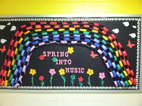 Spring music bulletin board Preschool Music Bulletin Board Ideas, Music Bulletin Board Ideas, February Music Bulletin Boards, Music Class Bulletin Board Ideas, Spring Music Bulletin Boards, Music Advocacy Bulletin Boards, Library Spring Bulletin Boards, Elementary Music Classroom Decor, Orchestra Classroom